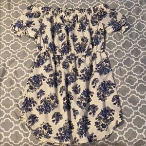 Blue flower print off shoulders dress